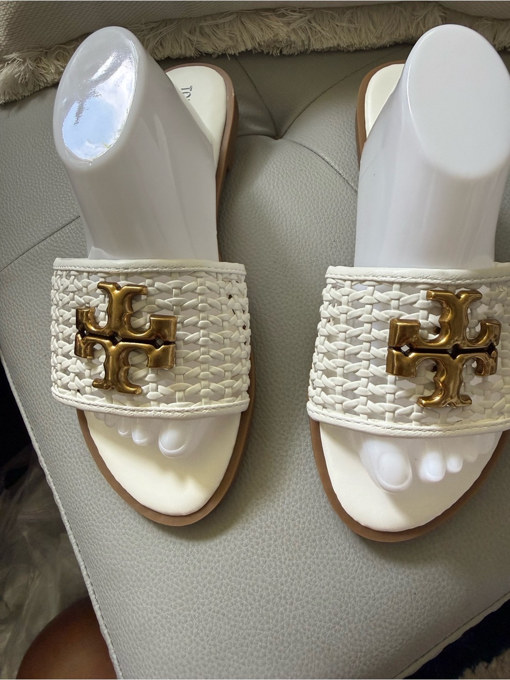 Woven Cream Slide Sandals with Gold Accent